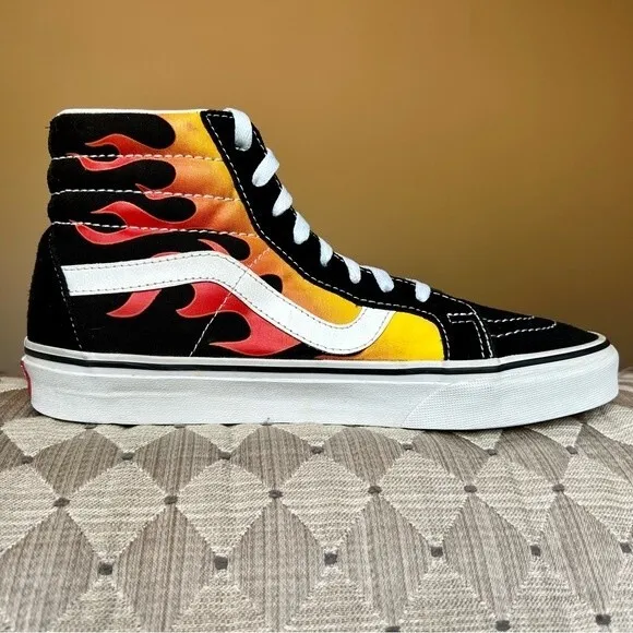 Vans SK8-Hi Reissue Black Sneakers w/ Fire Flames Unisex Men’s 8 Women’s 9.5