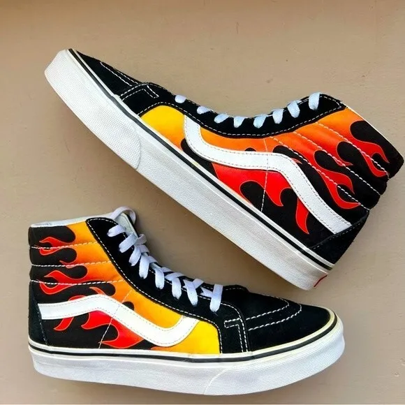 Vans SK8-Hi Reissue Black Sneakers w/ Fire Flames Unisex Men’s 8 Women’s 9.5