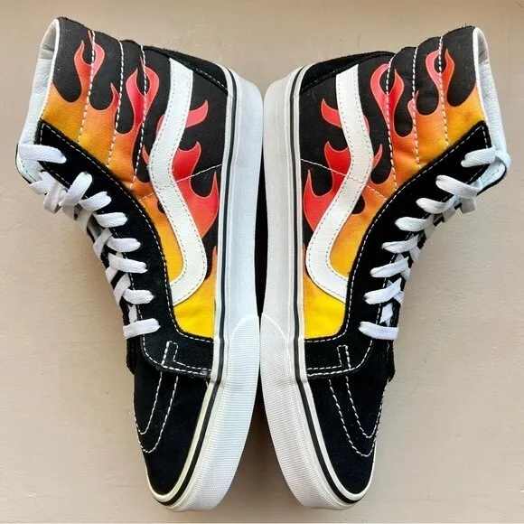 Vans SK8-Hi Reissue Black Sneakers w/ Fire Flames Unisex Men’s 8 Women’s 9.5