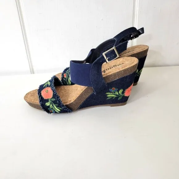 VeganBio Embroidered Cork Wedge Sandals