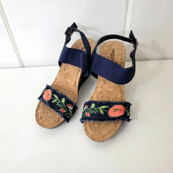 VeganBio Embroidered Cork Wedge Sandals
