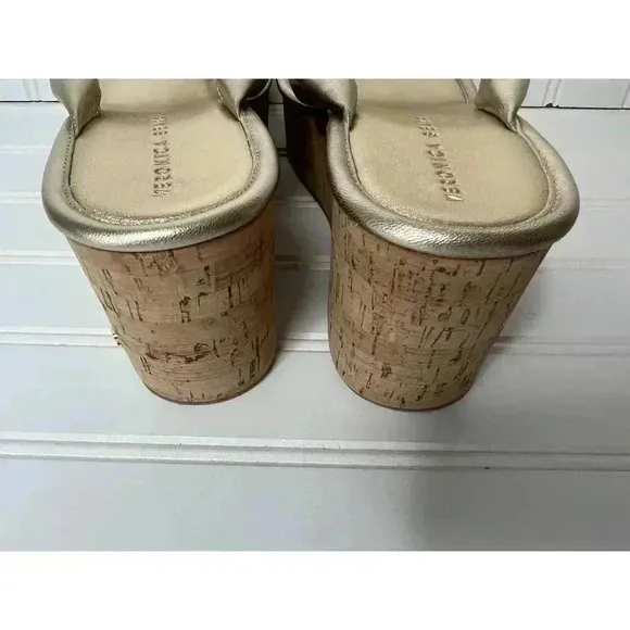 VERONICA BEARD Geno Cork Wedge Sandals Thong Shoes Gold 9M NEW
