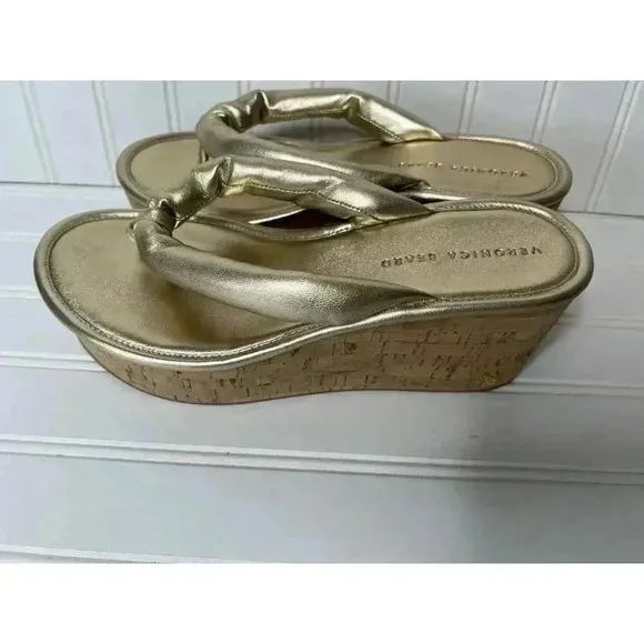 VERONICA BEARD Geno Cork Wedge Sandals Thong Shoes Gold 9M NEW