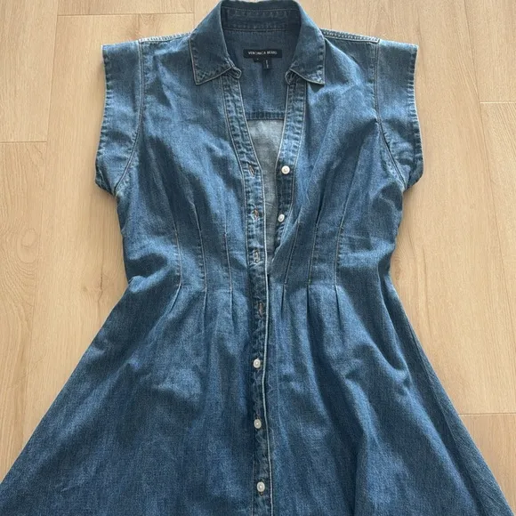 Veronica Beard Ruben Midi Denim Dress with V-Neck and Cap Sleeves