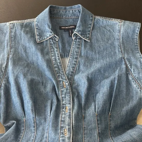 Veronica Beard Ruben Midi Denim Dress with V-Neck and Cap Sleeves