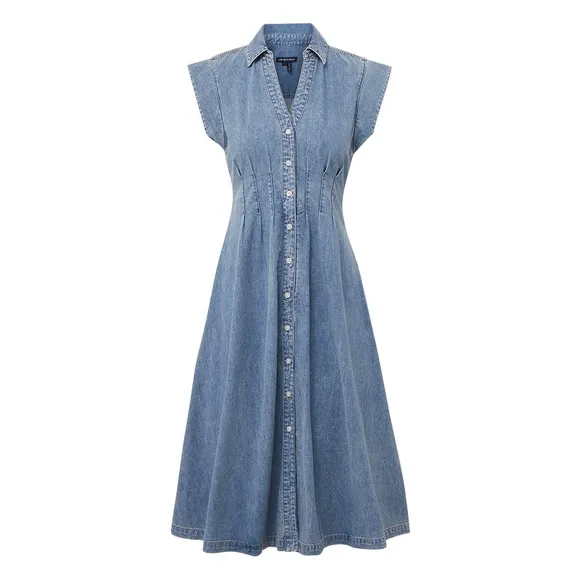 Veronica Beard Ruben Midi Denim Dress with V-Neck and Cap Sleeves