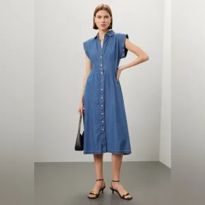 Veronica Beard Ruben Midi Denim Dress with V-Neck and Cap Sleeves