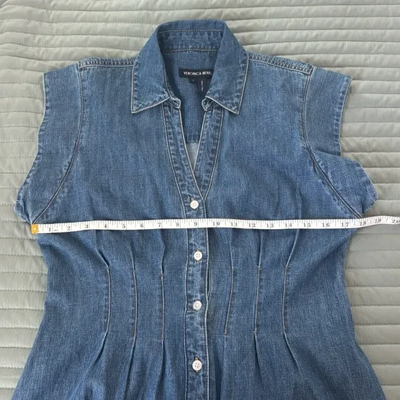 Veronica Beard Ruben Midi Denim Dress with V-Neck and Cap Sleeves