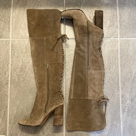 Vince Camuto Tolla Leather Suede Tall Lace Up Boots size 9.5 Taupe Brownish Grey