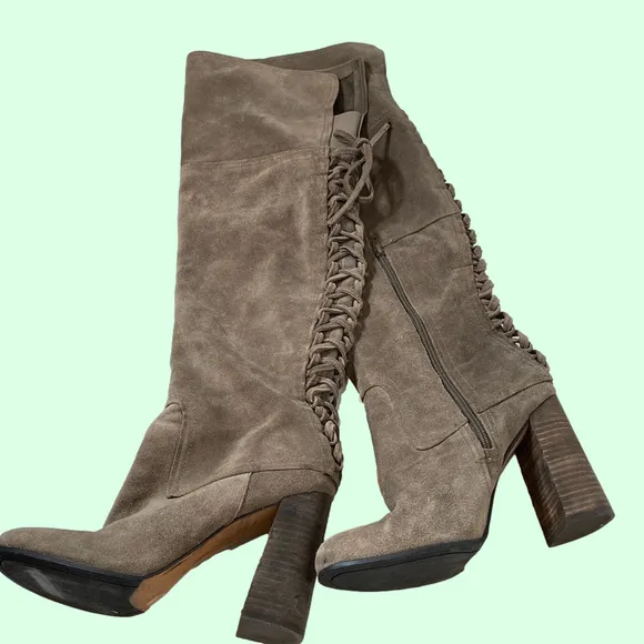 Vince Camuto Tolla Leather Suede Tall Lace Up Boots size 9.5 Taupe Brownish Grey