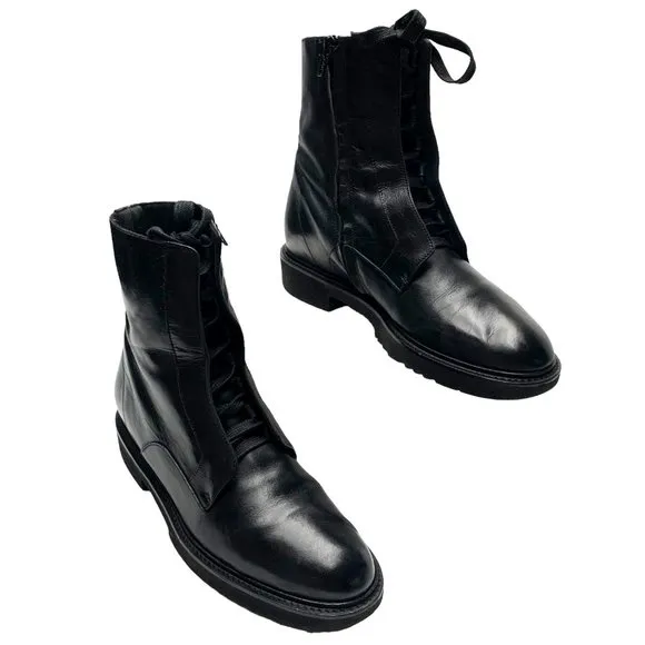 VINCE Connelly Black Smooth‎ Leather Lace Up Zip Combat Boots