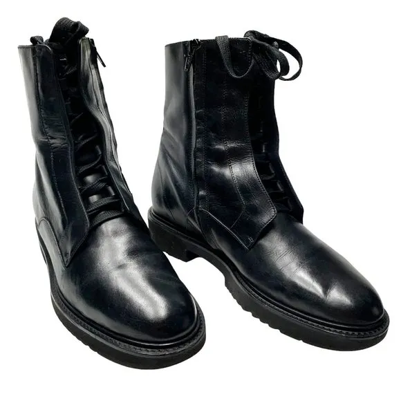 VINCE Connelly Black Smooth‎ Leather Lace Up Zip Combat Boots