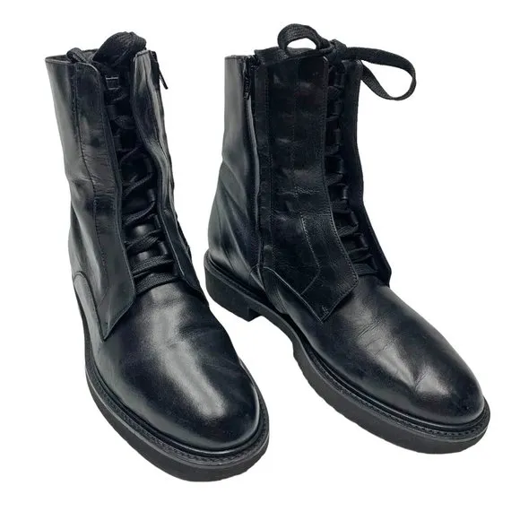 VINCE Connelly Black Smooth‎ Leather Lace Up Zip Combat Boots