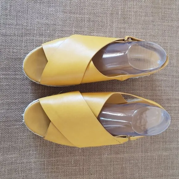 VINCE Jesson Yellow Leather Raffia Platform Slingback Wedge Espadrille Sandal 11