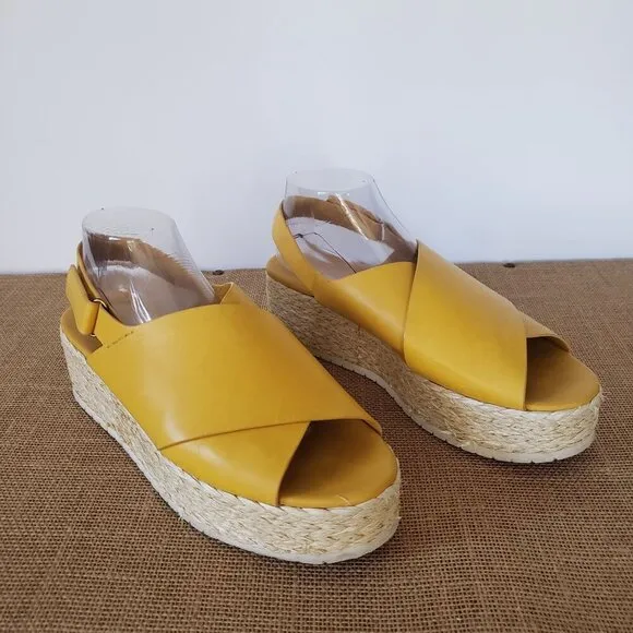 VINCE Jesson Yellow Leather Raffia Platform Slingback Wedge Espadrille Sandal 11