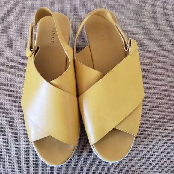 VINCE Jesson Yellow Leather Raffia Platform Slingback Wedge Espadrille Sandal 11