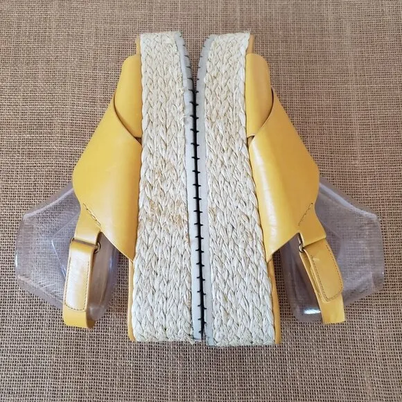VINCE Jesson Yellow Leather Raffia Platform Slingback Wedge Espadrille Sandal 11