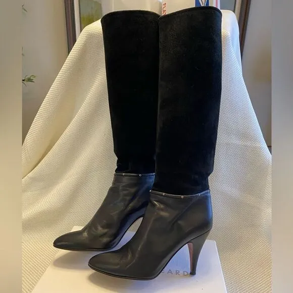 Vintage 1980s Casadei black leather and suede heeled boots set gem detailing 6