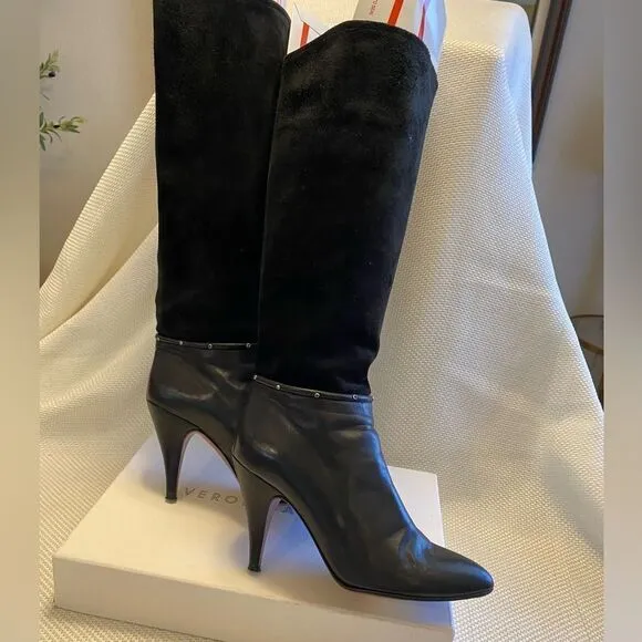 Vintage 1980s Casadei black leather and suede heeled boots set gem detailing 6