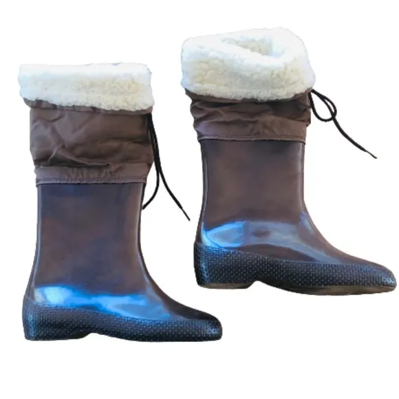 Vintage 70s Rubber Boots Shearling Fleece Lined Waterproof Brown Shiny Rain sz7