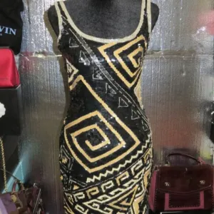 Vintage A.J. Bari 100% Silk Hand Beaded Black Gold Bodycon Shift Midi dress sz 4