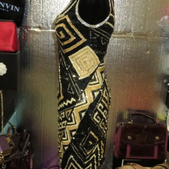Vintage A.J. Bari 100% Silk Hand Beaded Black Gold Bodycon Shift Midi dress sz 4