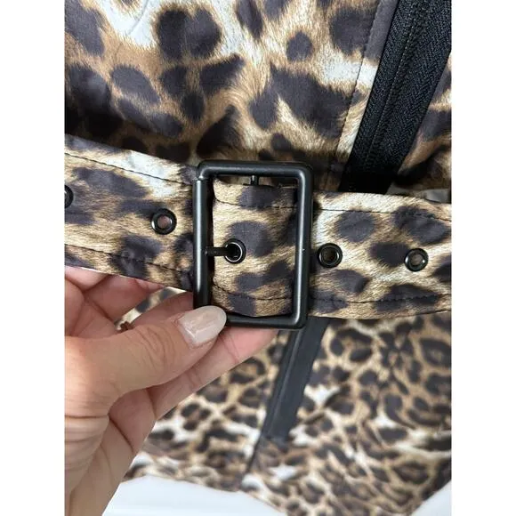 Vintage Cache Trench Coat Women XL Leopard Animal Print Faux Leather Sexy Y2K