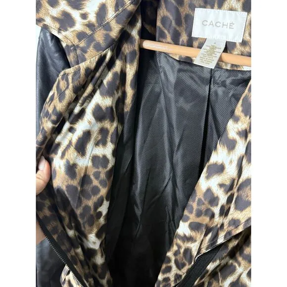 Vintage Cache Trench Coat Women XL Leopard Animal Print Faux Leather Sexy Y2K