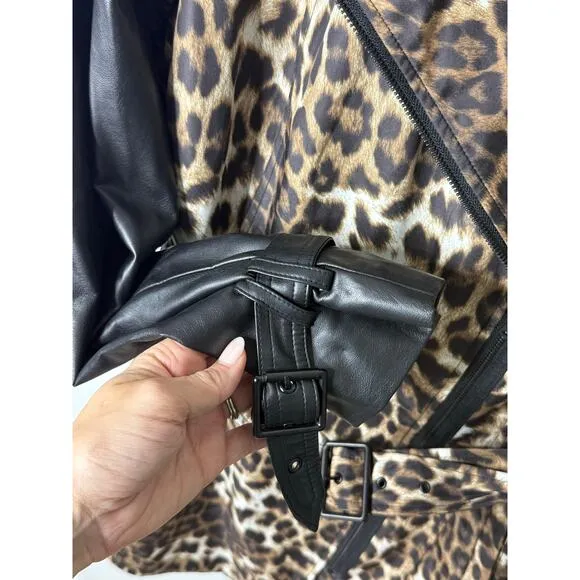 Vintage Cache Trench Coat Women XL Leopard Animal Print Faux Leather Sexy Y2K