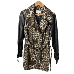 Vintage Cache Trench Coat Women XL Leopard Animal Print Faux Leather Sexy Y2K