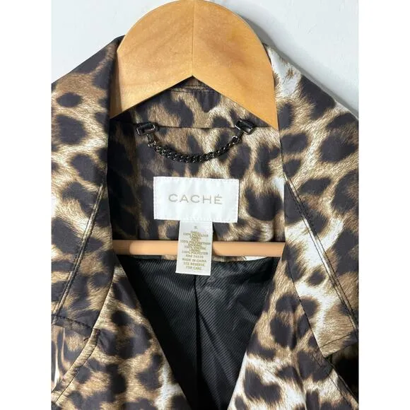 Vintage Cache Trench Coat Women XL Leopard Animal Print Faux Leather Sexy Y2K