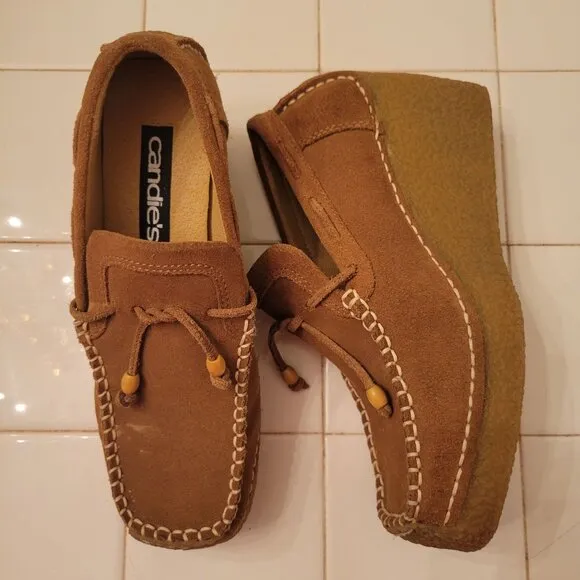 Vintage Candies Brown Suede Leather Wedge Moccasins Size 6M Loafers 90s Y2K Chun