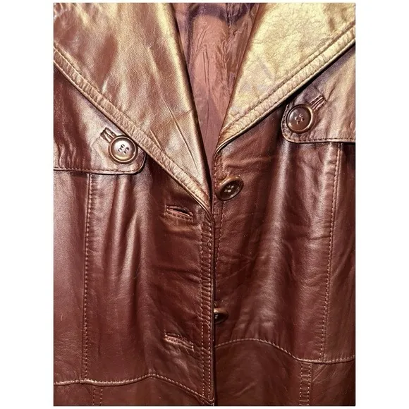 Vintage Chocolate Brown Long Leather Belted Trench Coat Made In Hong Kong