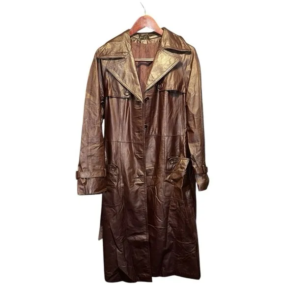 Vintage Chocolate Brown Long Leather Belted Trench Coat Made In Hong Kong