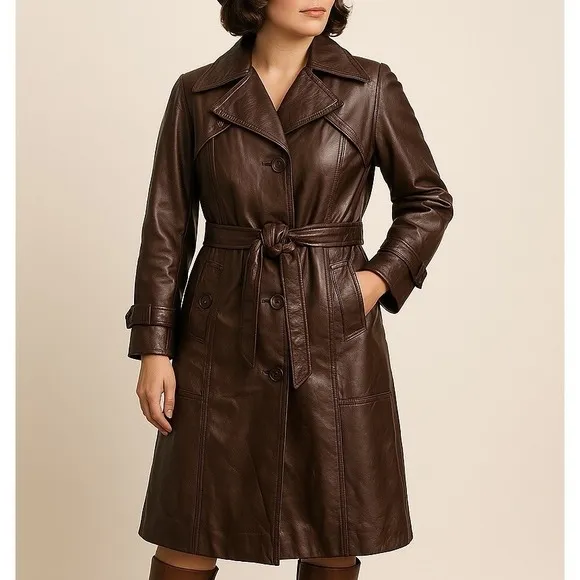 Vintage Chocolate Brown Long Leather Belted Trench Coat Made In Hong Kong