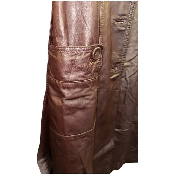 Vintage Chocolate Brown Long Leather Belted Trench Coat Made In Hong Kong