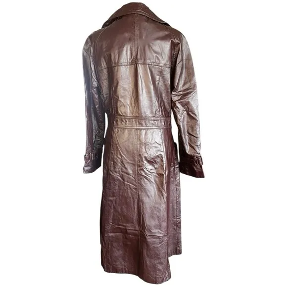 Vintage Chocolate Brown Long Leather Belted Trench Coat Made In Hong Kong