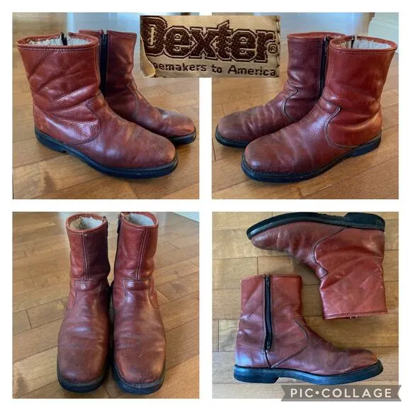 Vintage Dexter Brown Cognac Distressed Fleece-Lined Boot Men's size 9