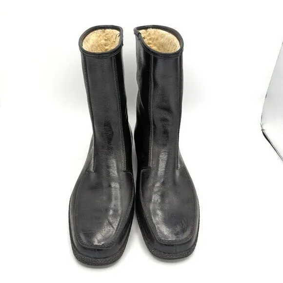 Vintage German Style Military Leather Sherpa Lined Boots Black Mens US 10 Winter
