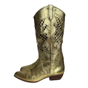 Vintage Gold Metallic Leather Perforated Cowboy Boots Cowgirl Womens 9B Western