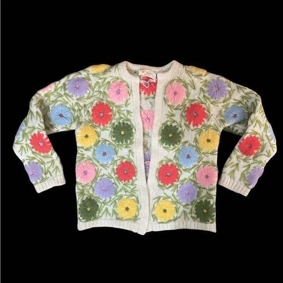 Vintage Jeri Jo floral embellished cardigan sweater unique multi floral