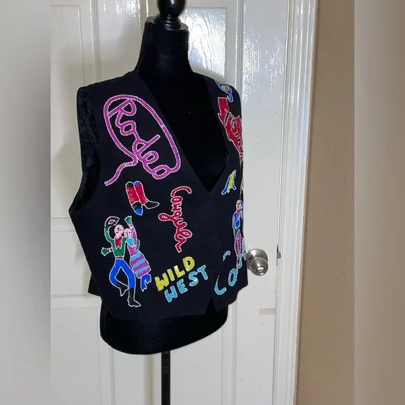 Vintage Modi Black Sequined “Cowboy Up” Vest Women's M 8-10​
