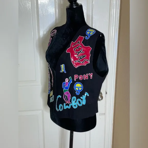 Vintage Modi Black Sequined “Cowboy Up” Vest Women's M 8-10​