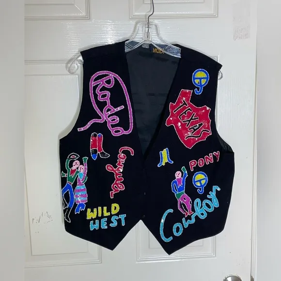 Vintage Modi Black Sequined “Cowboy Up” Vest Women's M 8-10​