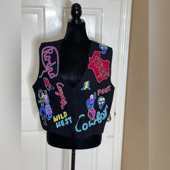 Vintage Modi Black Sequined “Cowboy Up” Vest Women's M 8-10​