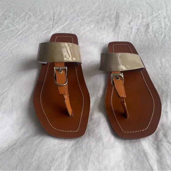 Vintage Prada Patent Leather Buckle Thong T Strap Sandals Tan Beige Brown