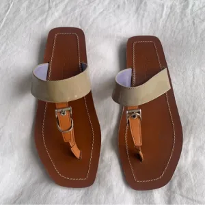 Vintage Prada Patent Leather Buckle Thong T Strap Sandals Tan Beige Brown