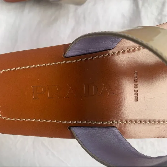 Vintage Prada Patent Leather Buckle Thong T Strap Sandals Tan Beige Brown