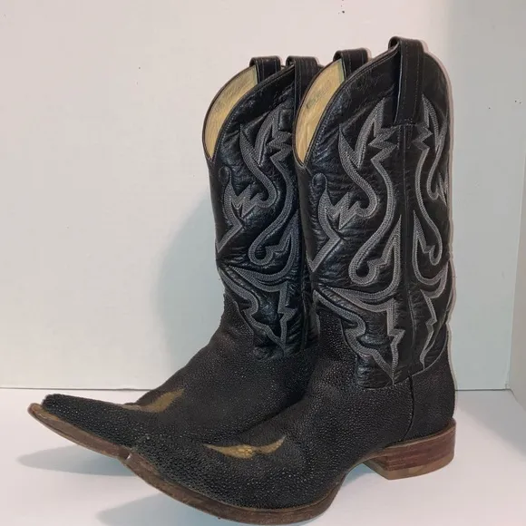 Vintage Western Cowboy Boots Pointy Toes Heels Men's Black Size 7 Conya Leon