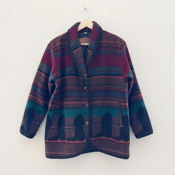 Vintage Woolrich Barn Jacket Chore Serape Country Western Woven Tapestry Red M